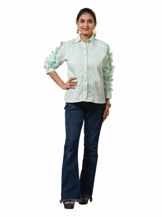 Schiffli Cotton Shirt Frill On Sleeves - CHIKARI